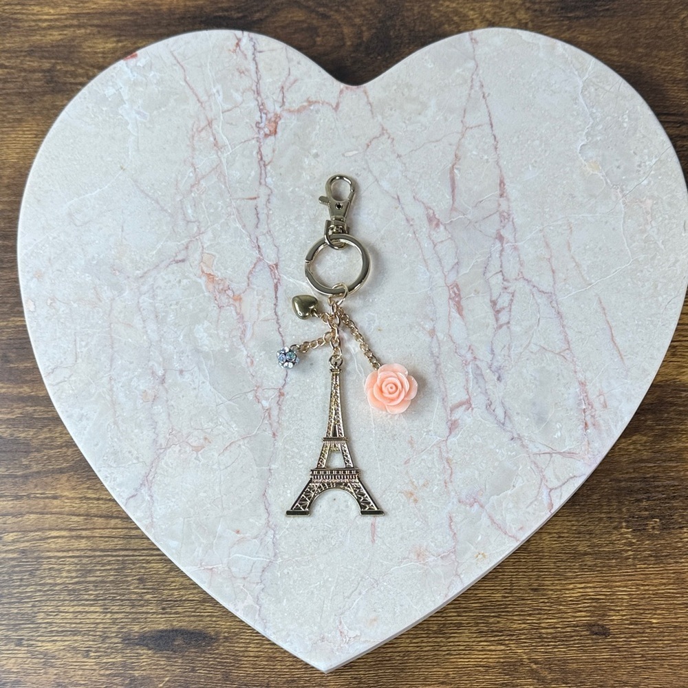 Paris Eiffel Tower Keychain with Pink Rose Charm